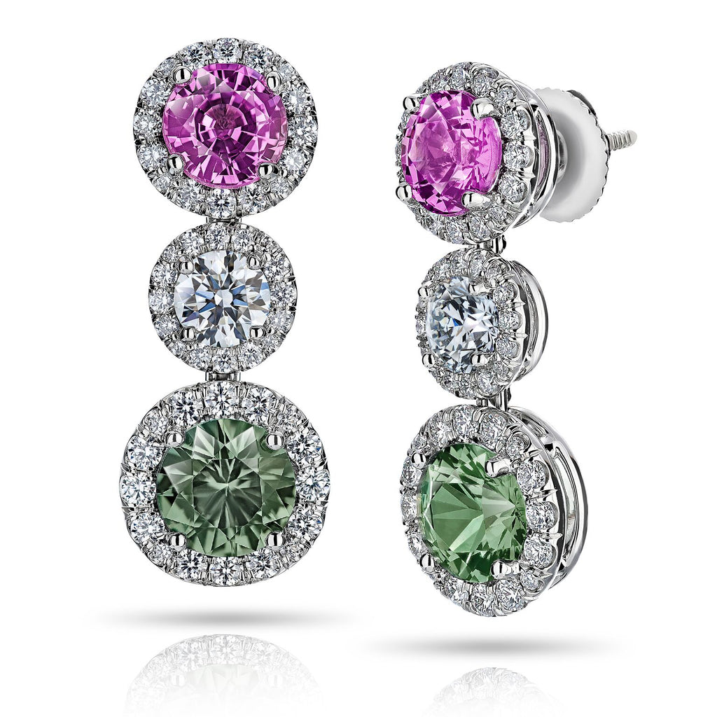 Miss Diamond Ring pink and green sapphires with white diamond drop statement earring