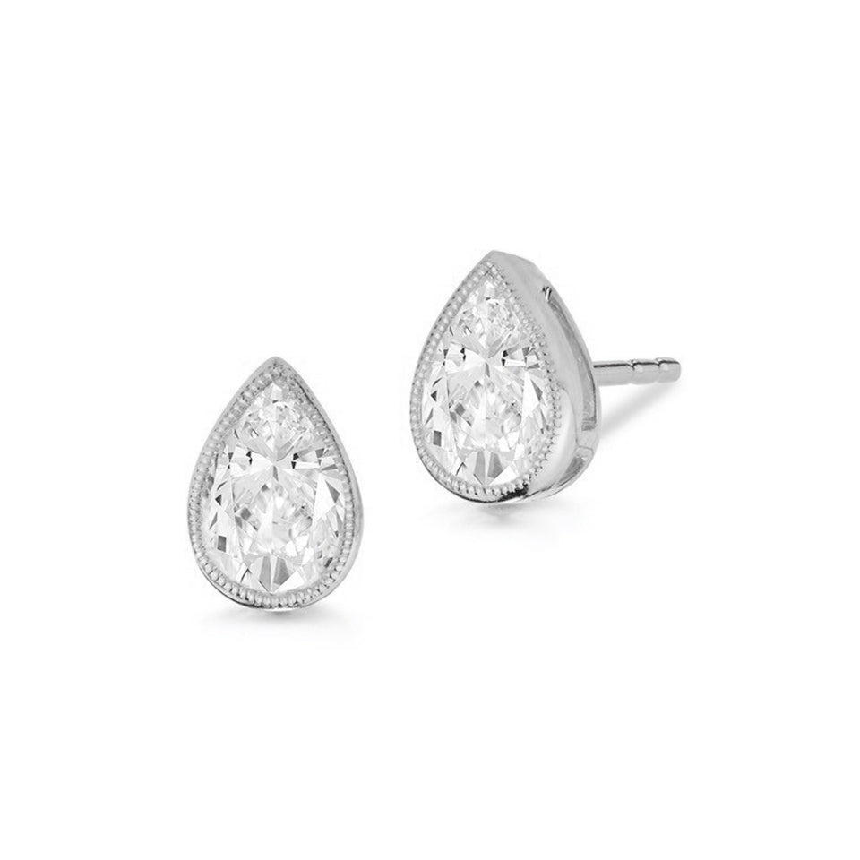 Miss Diamond Ring pear stud earrings with milgrain detail