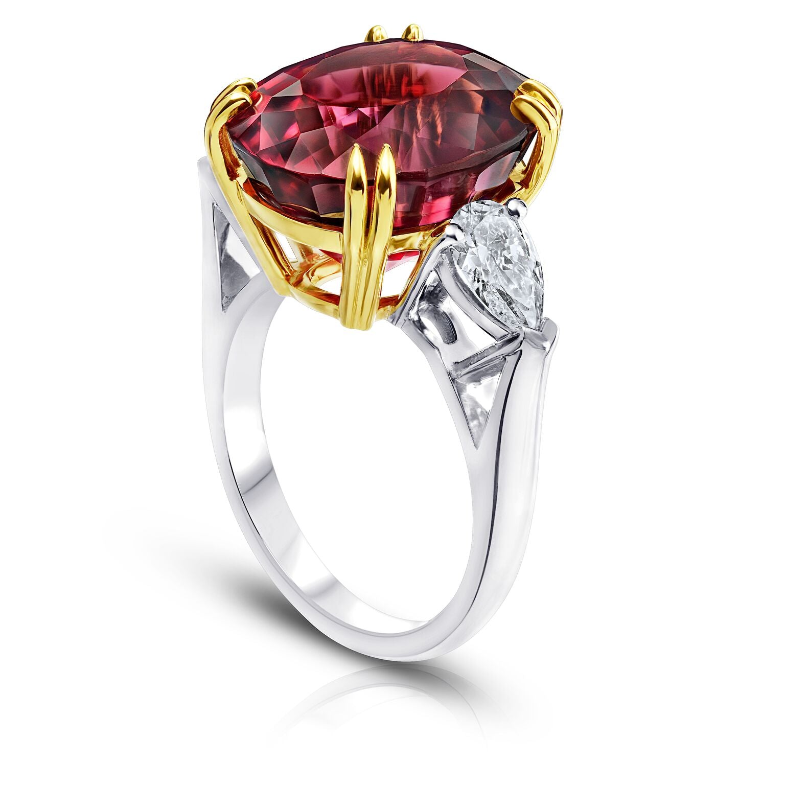 15 Ct. Three Stone Red Spinel Ring with Pear Diamonds Miss Diamond Ring
