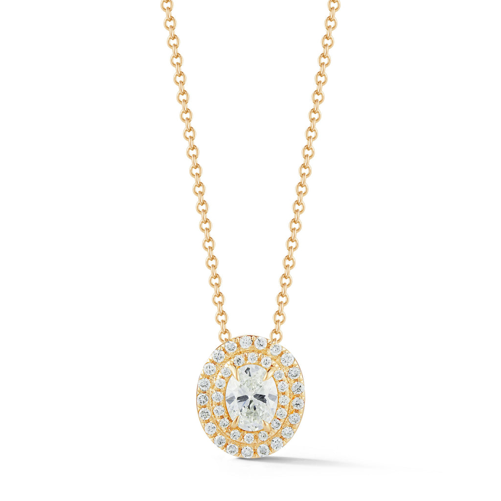 Miss Diamond Ring yellow gold double halo pendant necklace