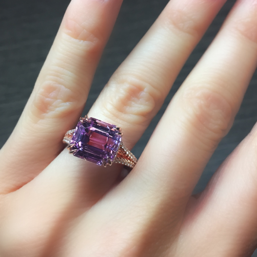 7 Carat Emerald Cut Kunzite Diamond Ring