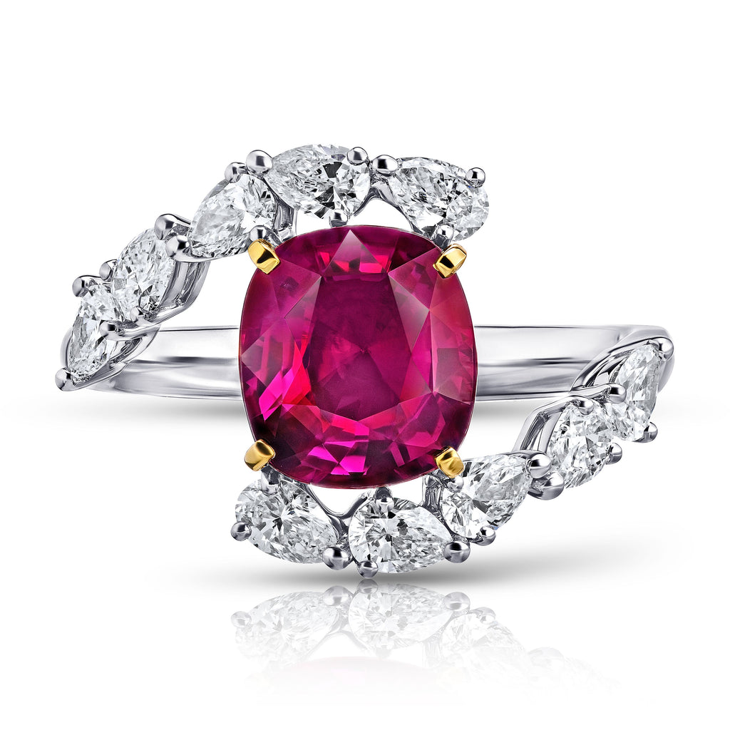 3 Ct. Cushion Red Ruby Ring with Pear Diamonds