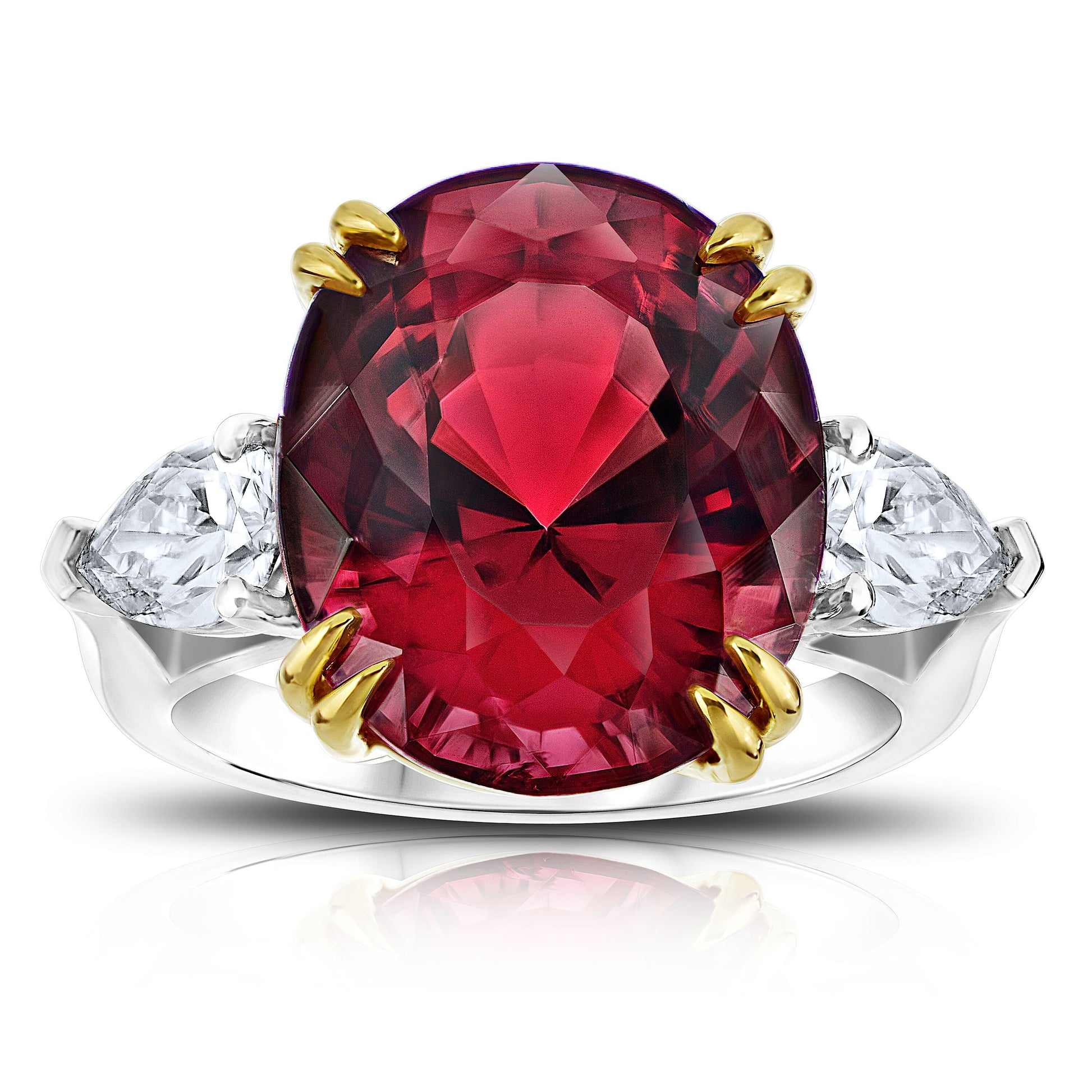 15 Ct. Three Stone Red Spinel Ring with Pear Diamonds Miss Diamond Ring