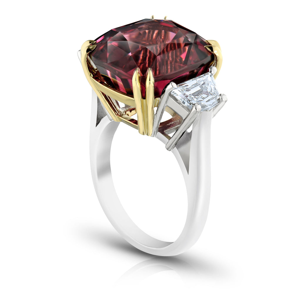 Miss Diamond Ring red spinel with trapezoid diamonds gold and white gold