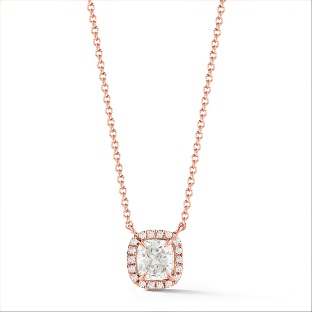 Miss Diamond Ring cushion pave halo pendant necklace in pink gold