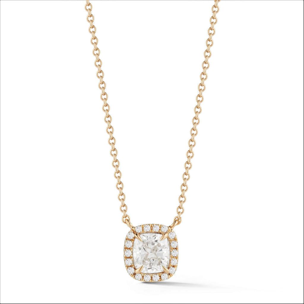 Miss Diamond Ring Cushion single halo pendant necklace in yellow gold