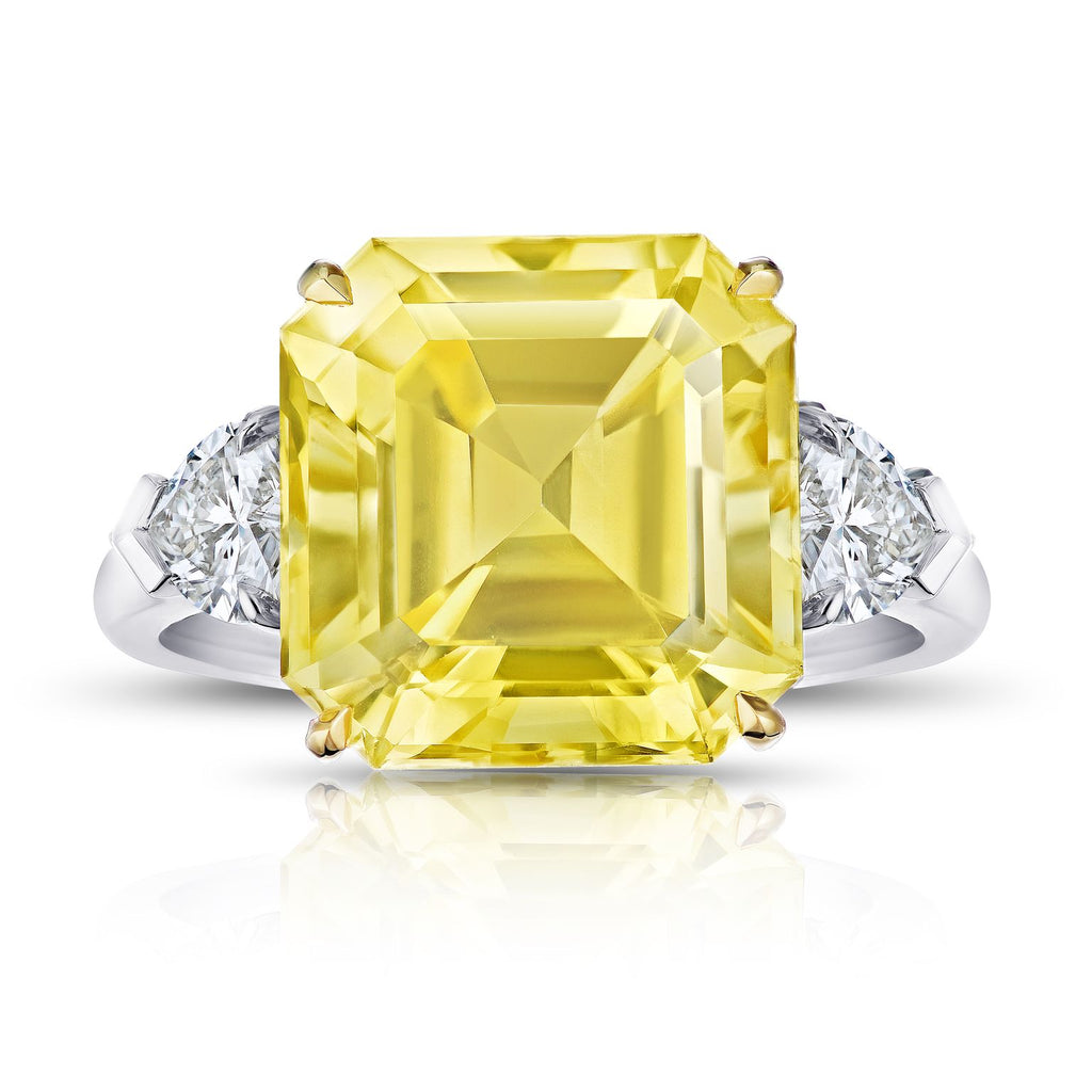 13 Ct. Yellow Sapphire Asscher Ring with Heart Diamonds