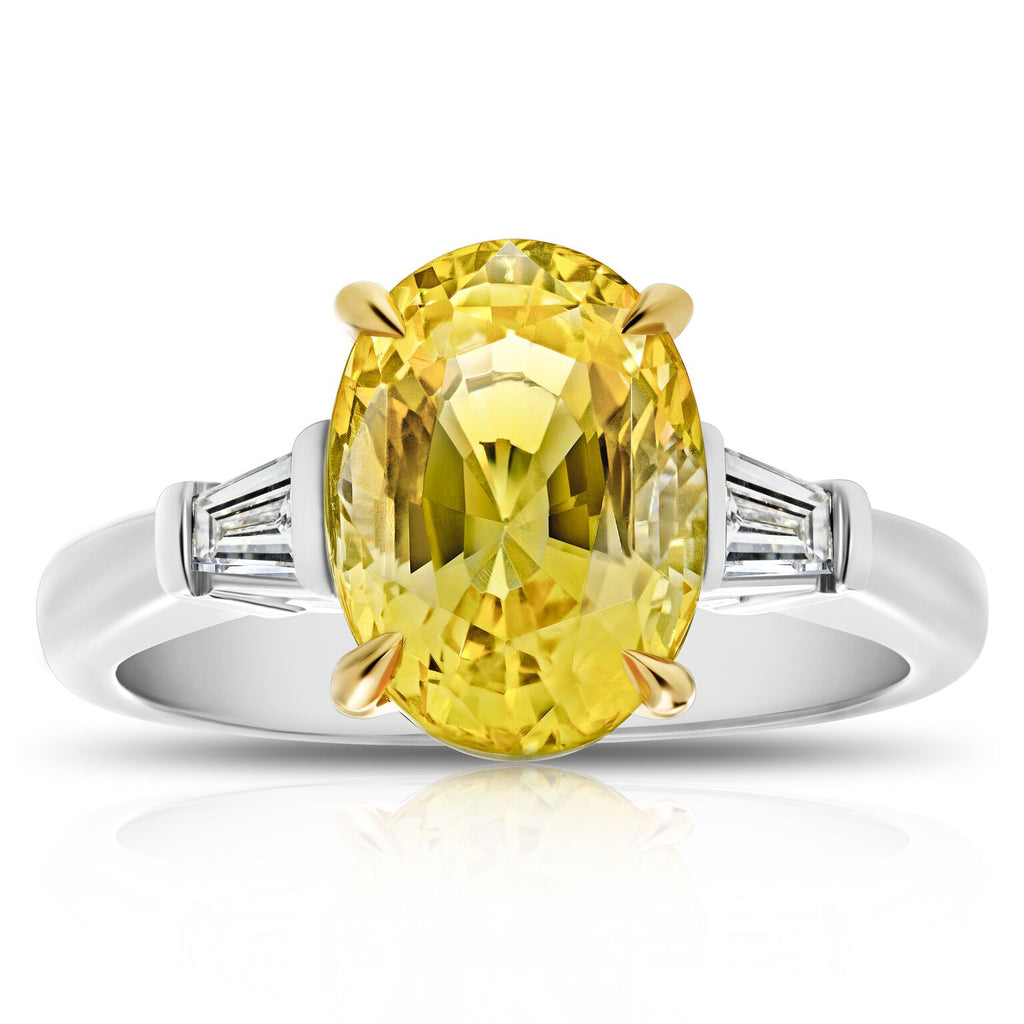 4 Ct. Three Stone Oval Yellow Sapphire Ring with Baguette Diamonds
