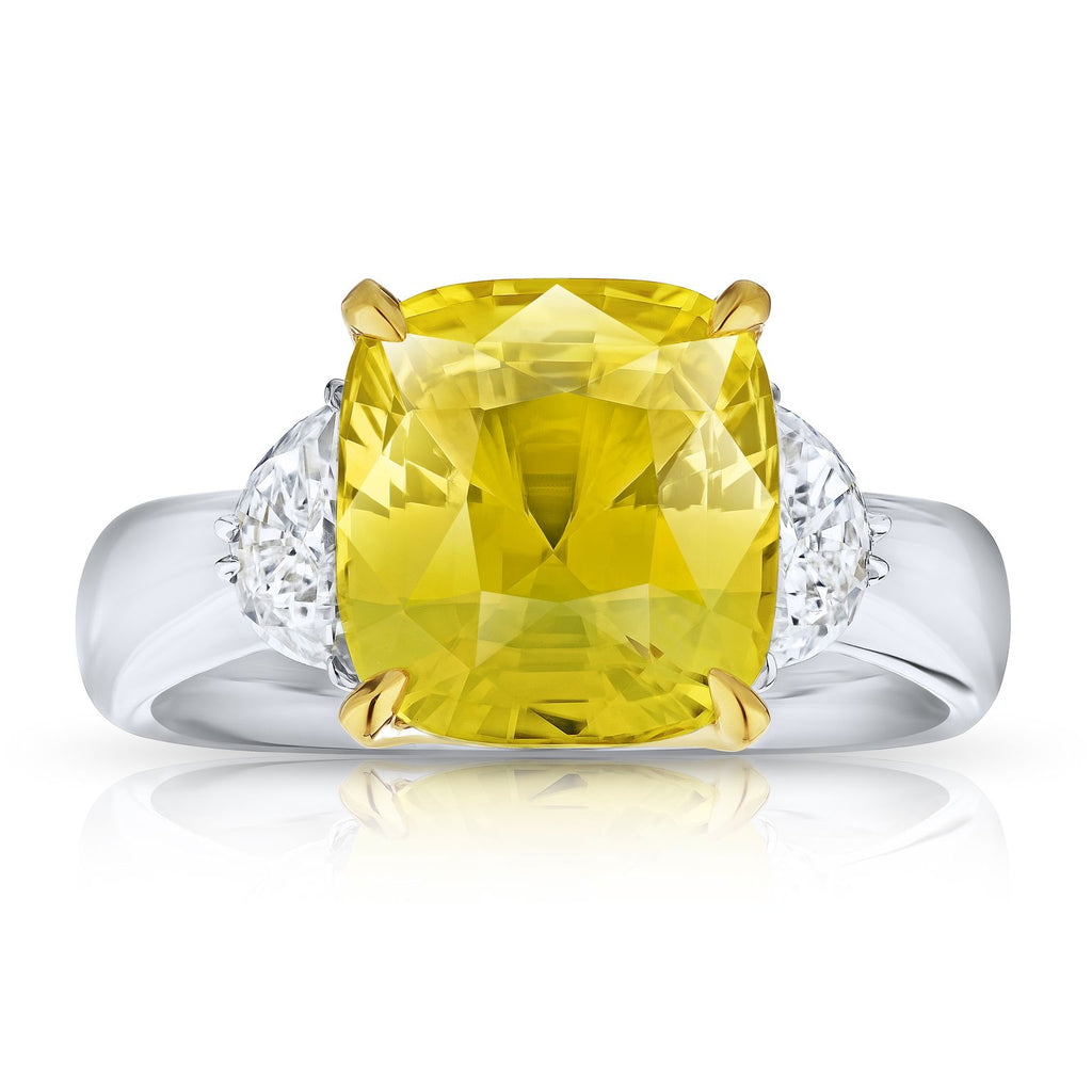 6 Ct. Three Stone Cushion Yellow Sapphire with Diamonds Ring